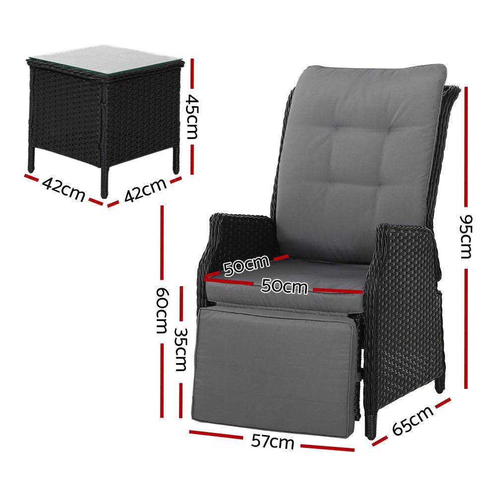 Marlook 3PC Recliner Chairs Table Sun lounge Outdoor Furniture Wicker Adjustable Black