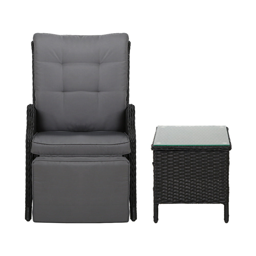 Marlook 3PC Recliner Chairs Table Sun lounge Outdoor Furniture Wicker Adjustable Black