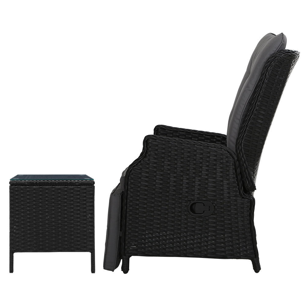 Marlook 3PC Recliner Chairs Table Sun lounge Outdoor Furniture Wicker Adjustable Black