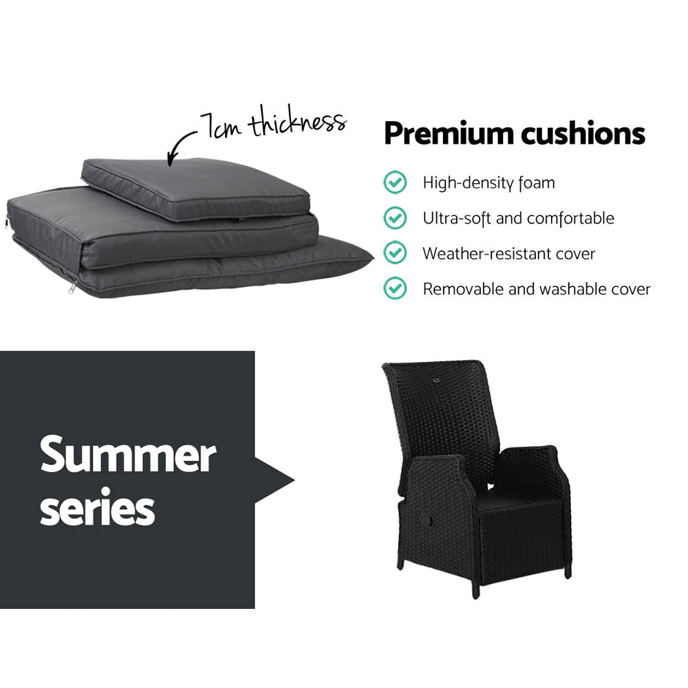 Marlook 3PC Recliner Chairs Table Sun lounge Outdoor Furniture Wicker Adjustable Black