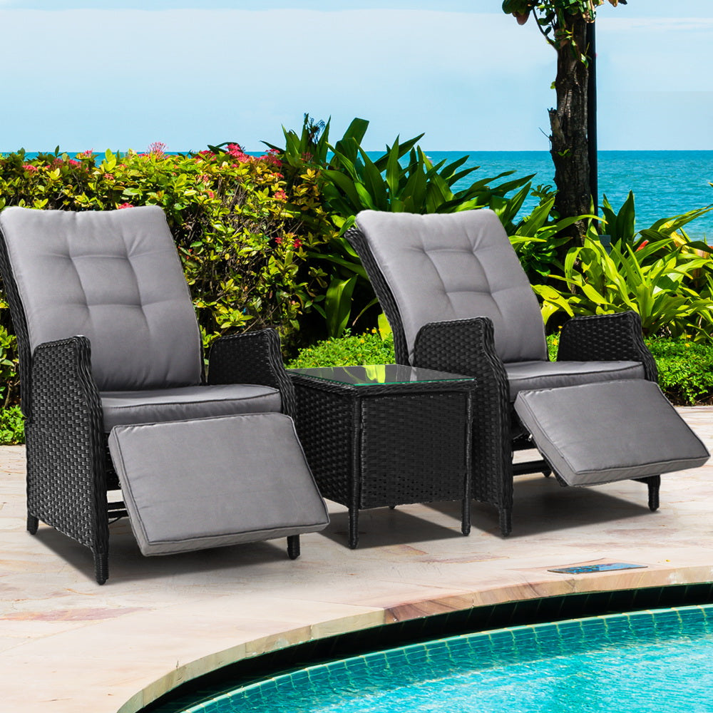 Marlook 3PC Recliner Chairs Table Sun lounge Outdoor Furniture Wicker Adjustable Black