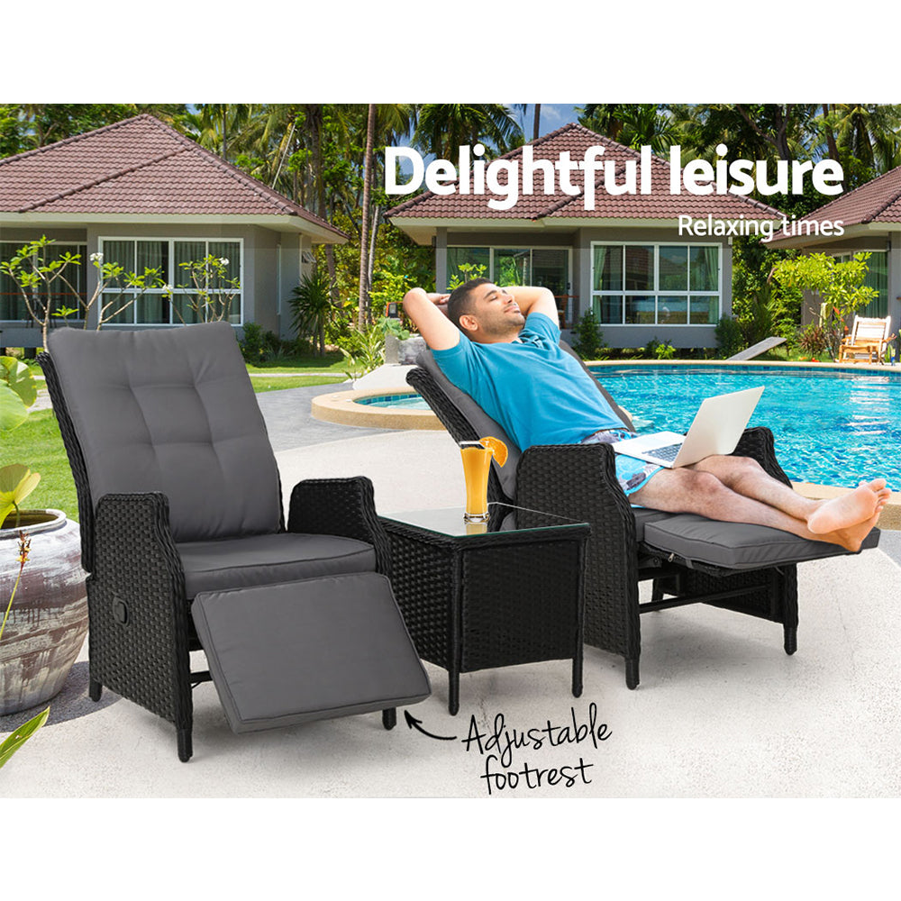 Marlook 3PC Recliner Chairs Table Sun lounge Outdoor Furniture Wicker Adjustable Black