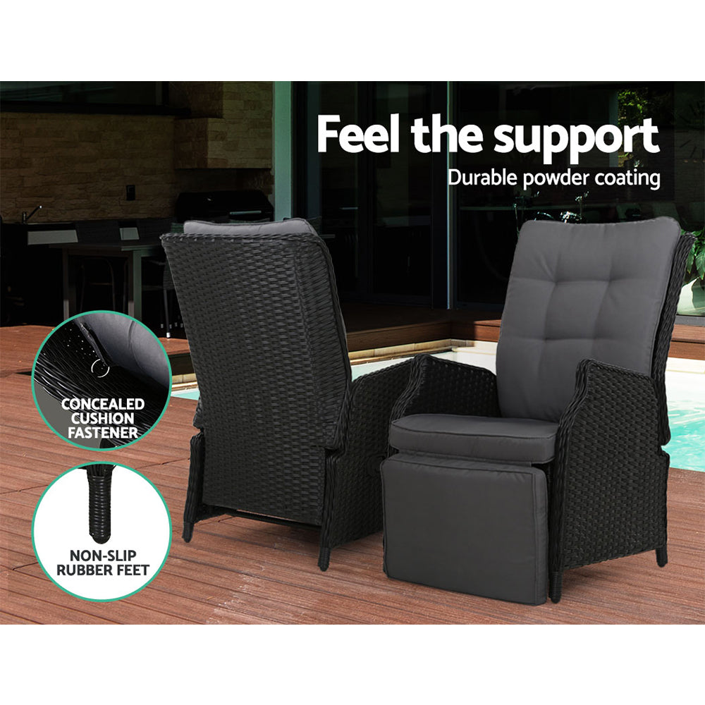 Marlook 3PC Recliner Chairs Table Sun lounge Outdoor Furniture Wicker Adjustable Black