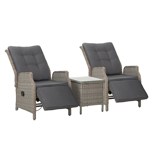 Marlook 3PC Recliner Chairs Table Sun lounge Outdoor Furniture Wicker Adjustable Grey