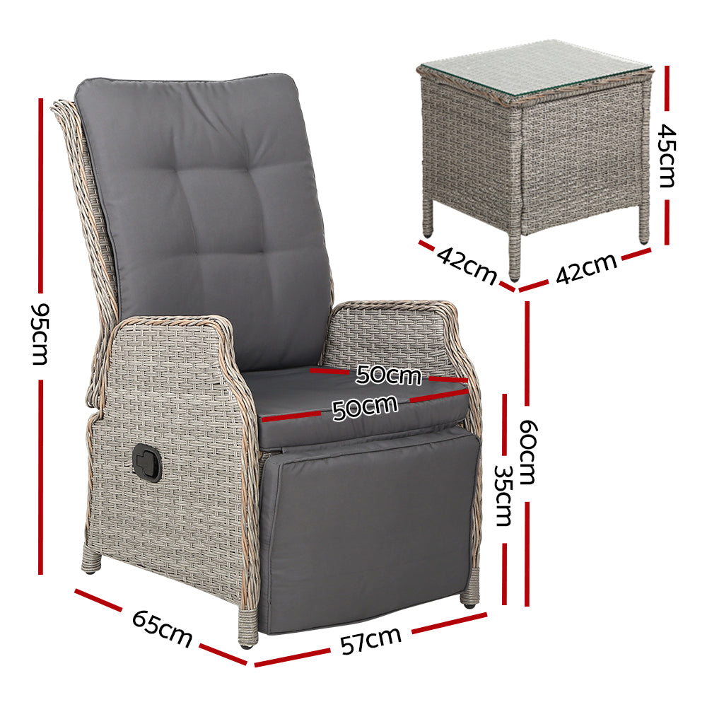 Marlook 3PC Recliner Chairs Table Sun lounge Outdoor Furniture Wicker Adjustable Grey