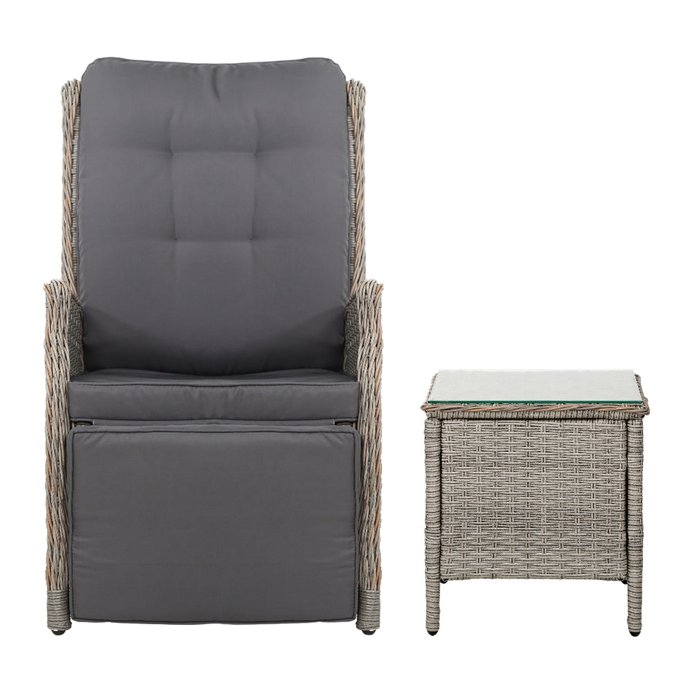 Marlook 3PC Recliner Chairs Table Sun lounge Outdoor Furniture Wicker Adjustable Grey