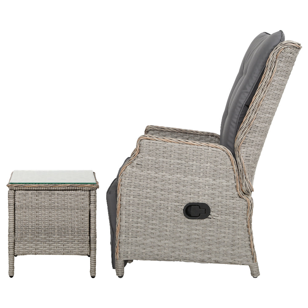 Marlook 3PC Recliner Chairs Table Sun lounge Outdoor Furniture Wicker Adjustable Grey