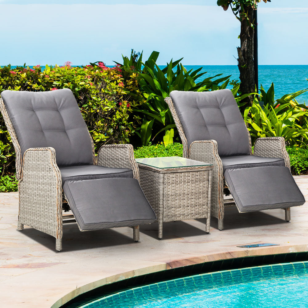Marlook 3PC Recliner Chairs Table Sun lounge Outdoor Furniture Wicker Adjustable Grey