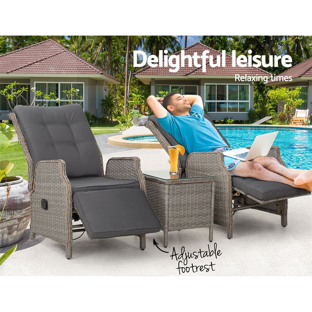 Marlook 3PC Recliner Chairs Table Sun lounge Outdoor Furniture Wicker Adjustable Grey