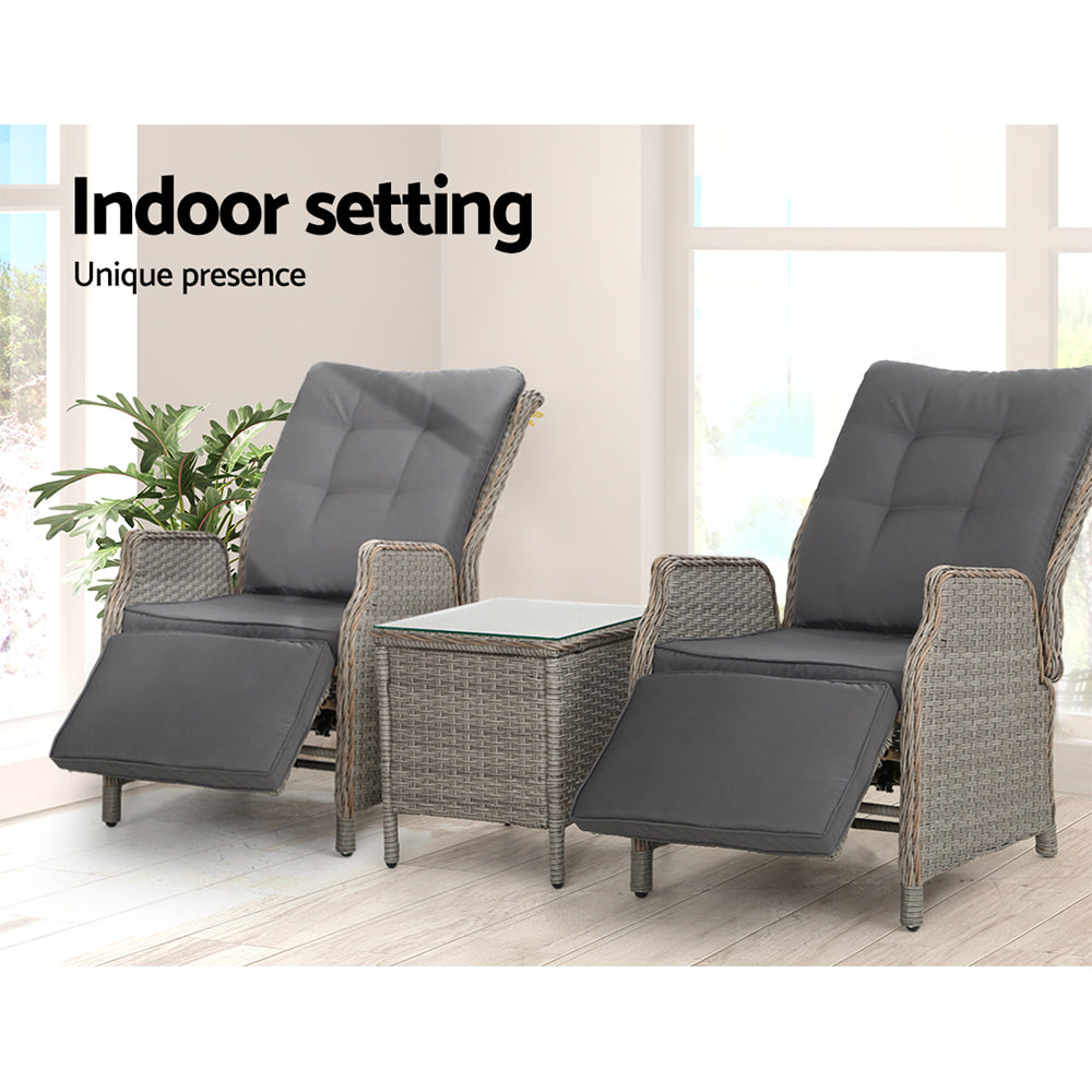 Marlook 3PC Recliner Chairs Table Sun lounge Outdoor Furniture Wicker Adjustable Grey