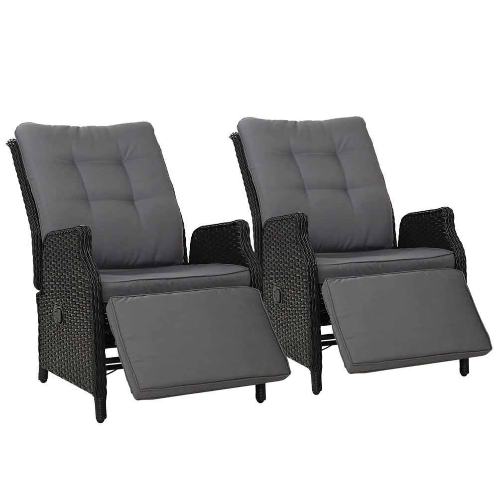 Marlook 2PC Recliner Chairs Sun lounge Wicker Lounger Outdoor Furniture Adjustable Black