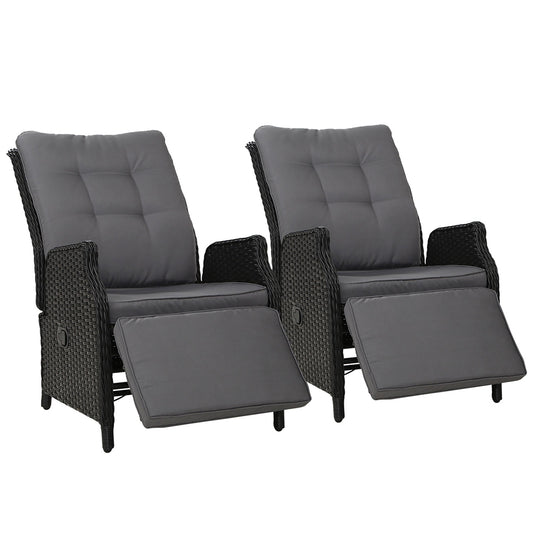 Marlook 2PC Recliner Chairs Sun lounge Wicker Lounger Outdoor Furniture Adjustable Black