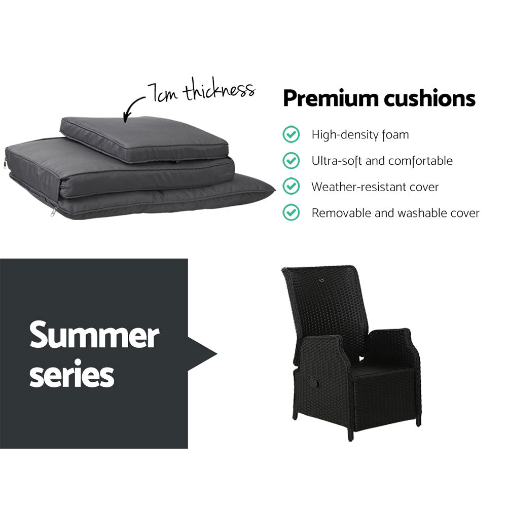 Marlook 2PC Recliner Chairs Sun lounge Wicker Lounger Outdoor Furniture Adjustable Black