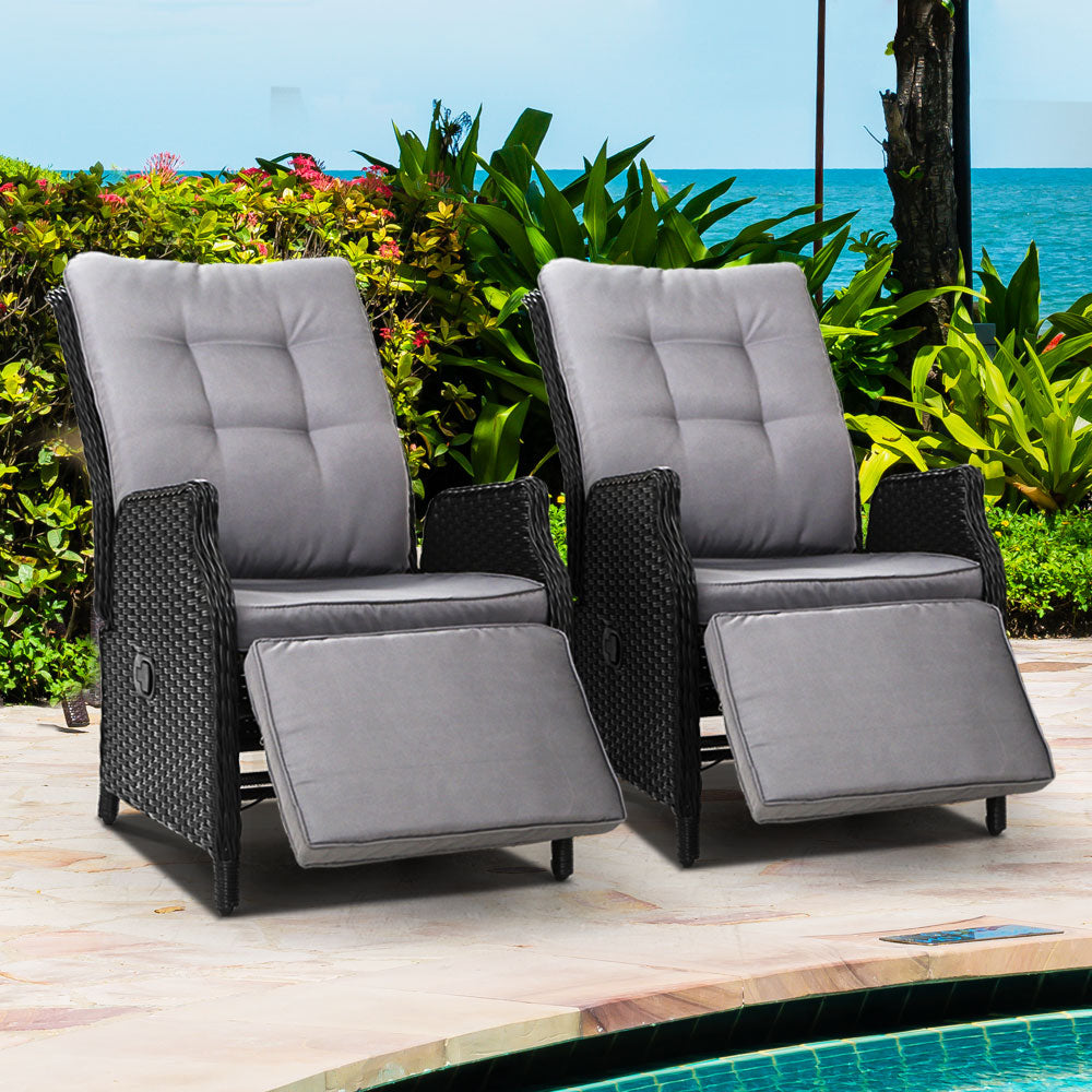 Marlook 2PC Recliner Chairs Sun lounge Wicker Lounger Outdoor Furniture Adjustable Black