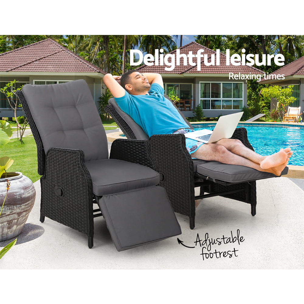 Marlook 2PC Recliner Chairs Sun lounge Wicker Lounger Outdoor Furniture Adjustable Black