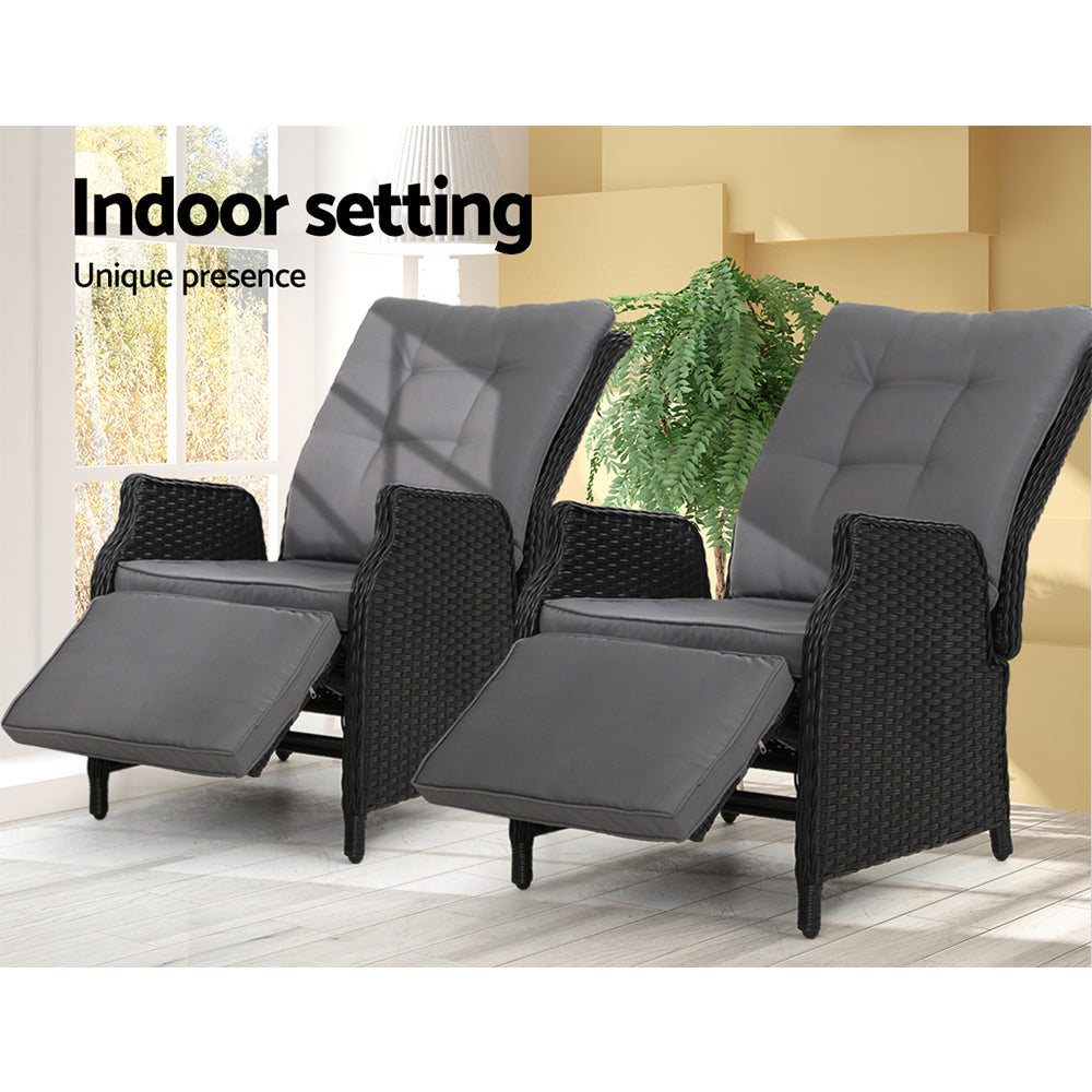 Marlook 2PC Recliner Chairs Sun lounge Wicker Lounger Outdoor Furniture Adjustable Black