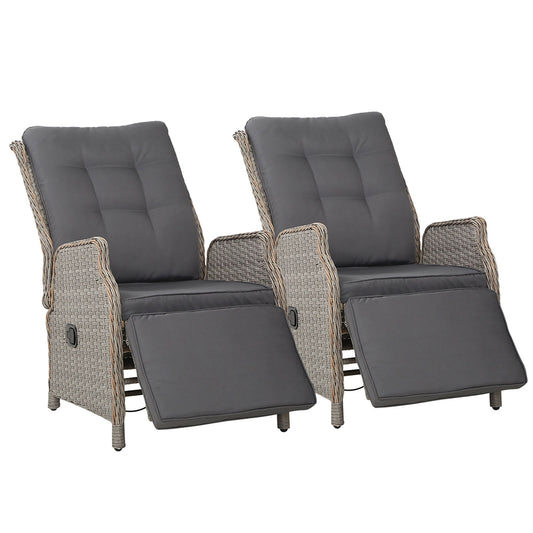 Marlook 2PC Recliner Chairs Sun lounge Wicker Lounger Outdoor Furniture Adjustable Grey
