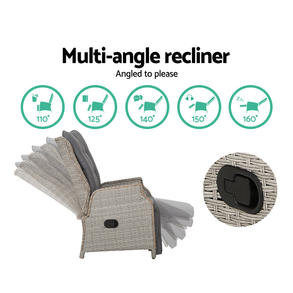 Marlook 2PC Recliner Chairs Sun lounge Wicker Lounger Outdoor Furniture Adjustable Grey