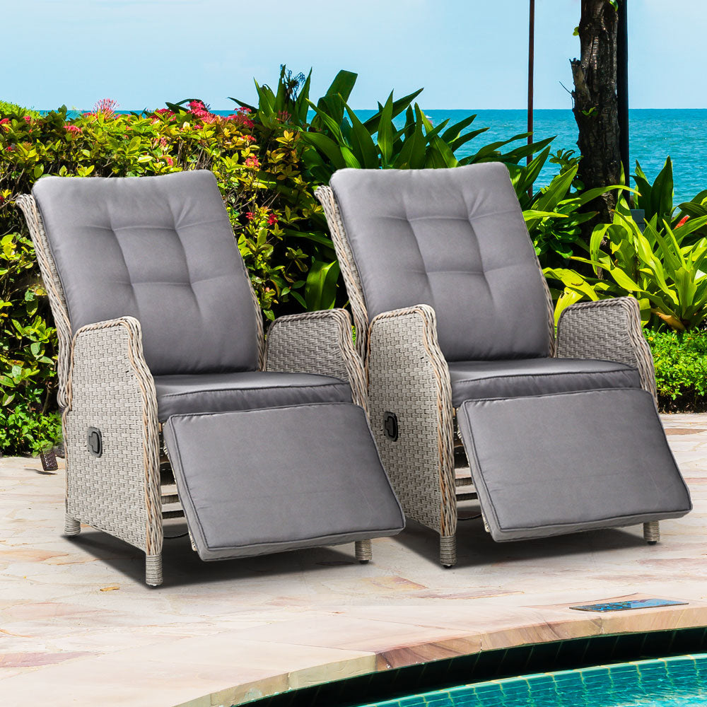 Marlook 2PC Recliner Chairs Sun lounge Wicker Lounger Outdoor Furniture Adjustable Grey