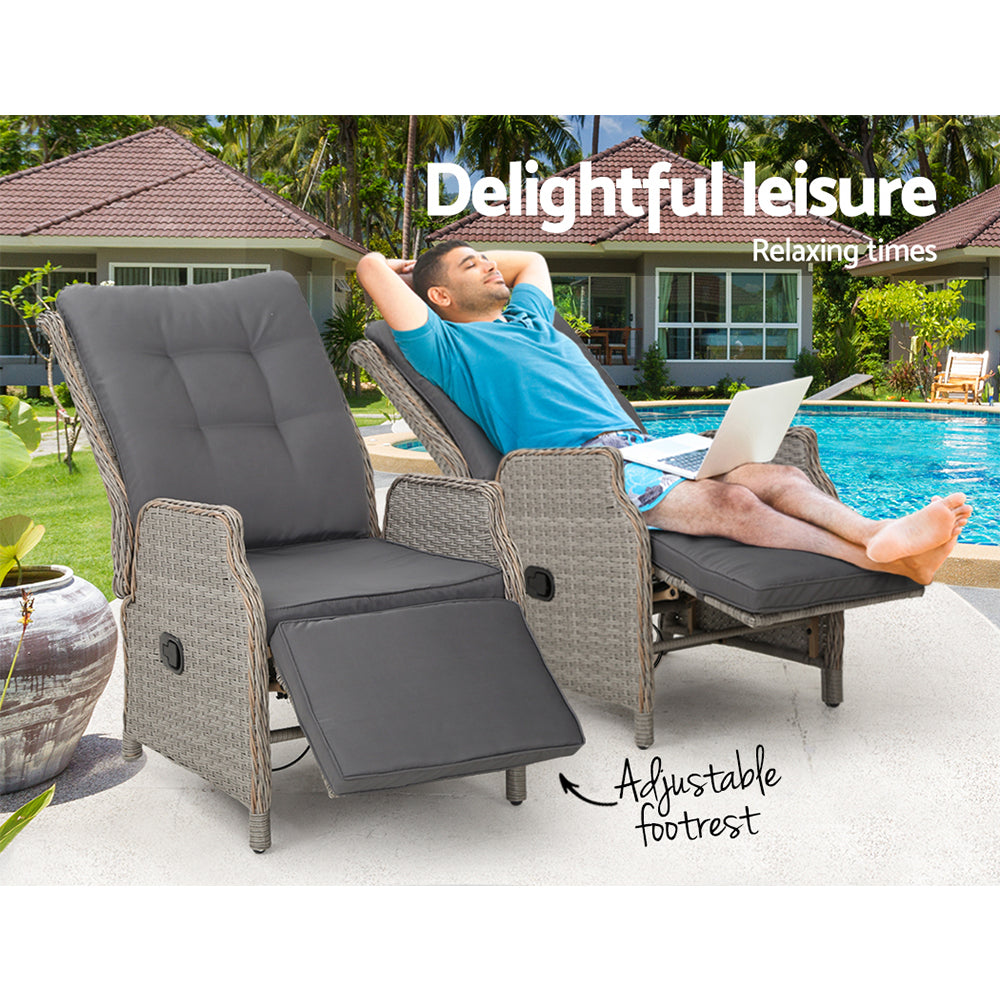 Marlook 2PC Recliner Chairs Sun lounge Wicker Lounger Outdoor Furniture Adjustable Grey