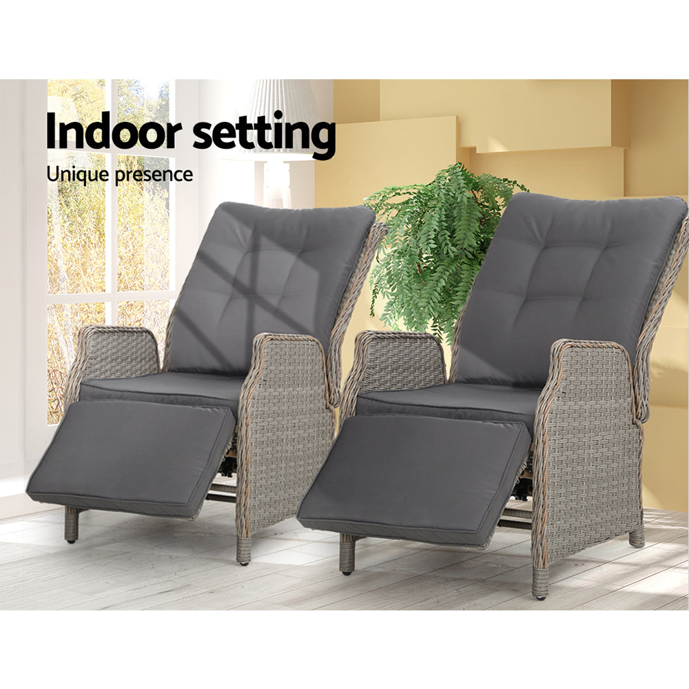 Marlook 2PC Recliner Chairs Sun lounge Wicker Lounger Outdoor Furniture Adjustable Grey