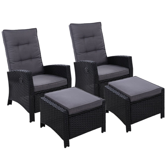 Marlook 2PC Recliner Chairs Sun lounge Wicker Lounger Outdoor Furniture Adjustable Black
