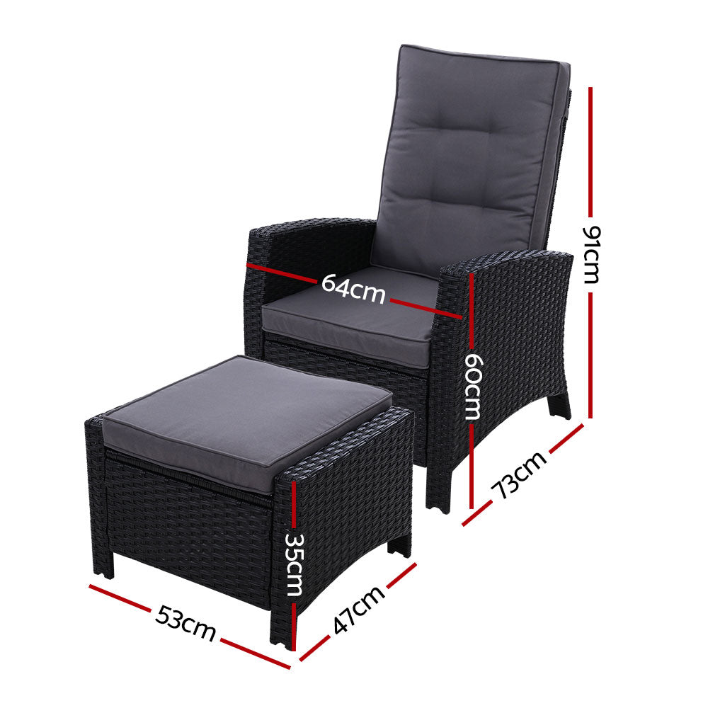 Marlook 2PC Recliner Chairs Sun lounge Wicker Lounger Outdoor Furniture Adjustable Black