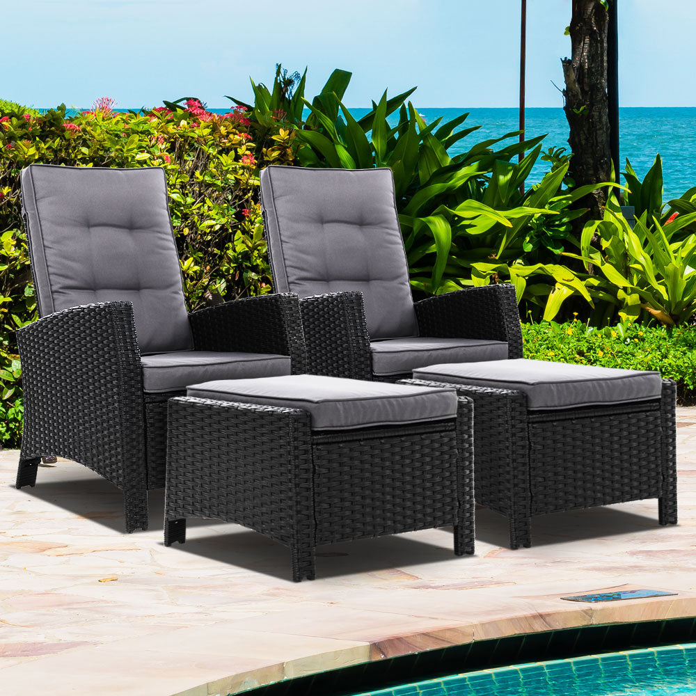 Marlook 2PC Recliner Chairs Sun lounge Wicker Lounger Outdoor Furniture Adjustable Black