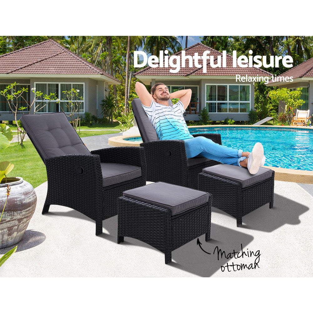 Marlook 2PC Recliner Chairs Sun lounge Wicker Lounger Outdoor Furniture Adjustable Black