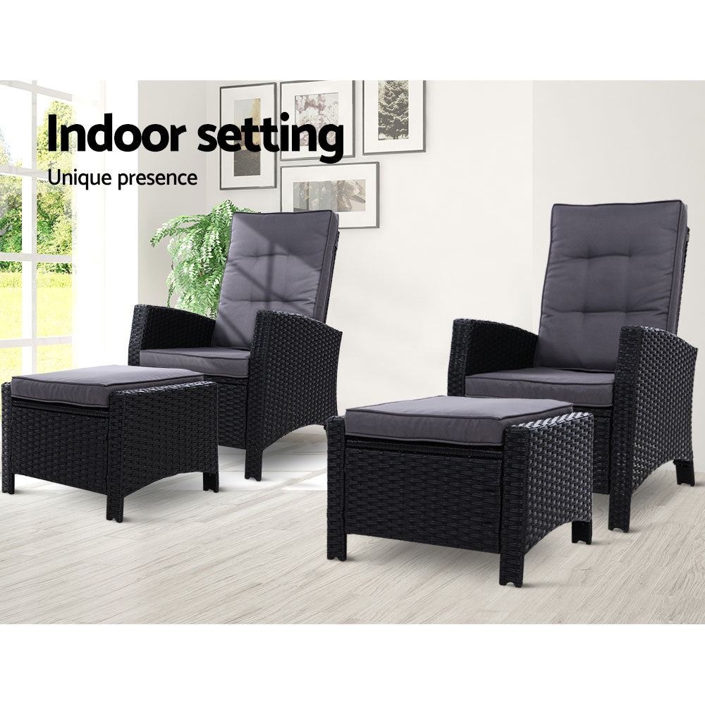 Marlook 2PC Recliner Chairs Sun lounge Wicker Lounger Outdoor Furniture Adjustable Black