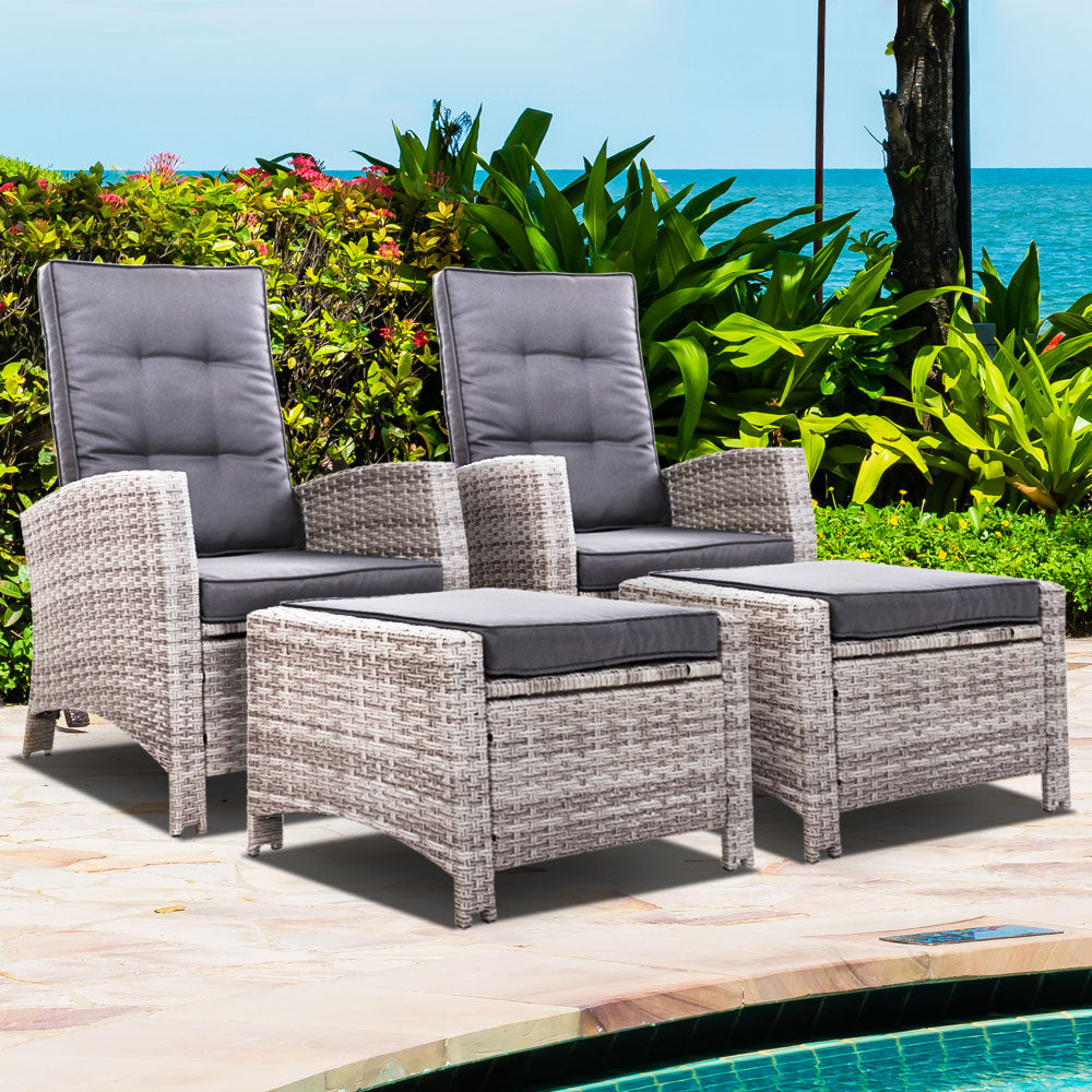 Marlook 2PC Recliner Chairs Sun lounge Wicker Lounger Outdoor Furniture Adjustable Grey