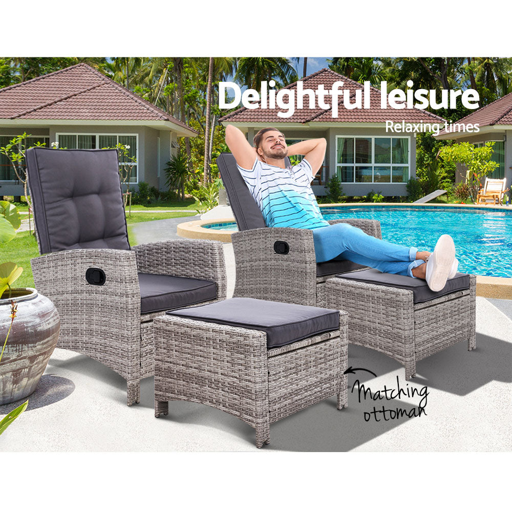 Marlook 2PC Recliner Chairs Sun lounge Wicker Lounger Outdoor Furniture Adjustable Grey