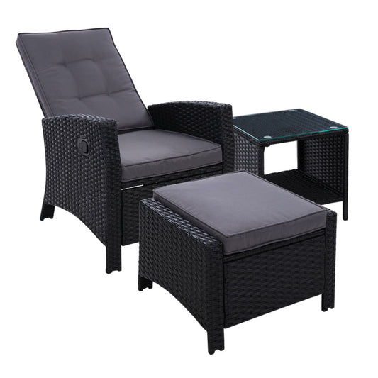 Marlook 3PC Recliner Chairs Table Sun lounge Wicker Outdoor Furniture Adjustable Black