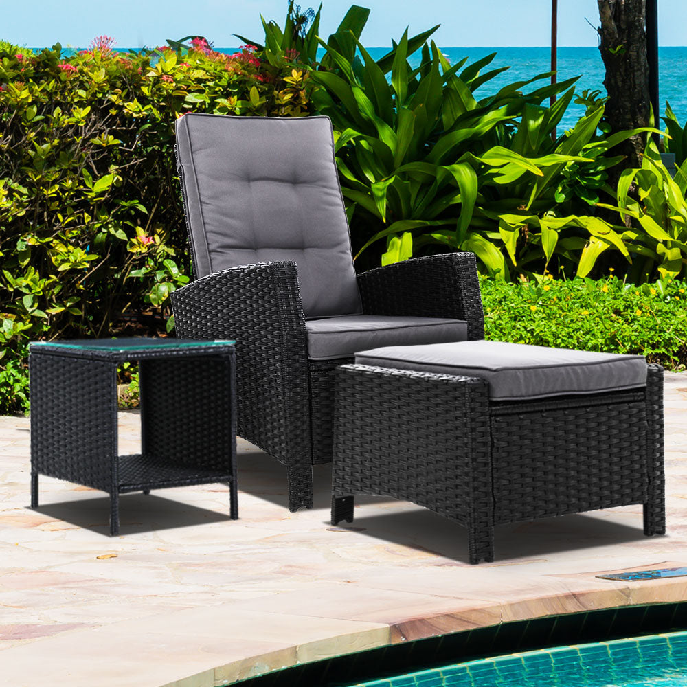 Marlook 3PC Recliner Chairs Table Sun lounge Wicker Outdoor Furniture Adjustable Black