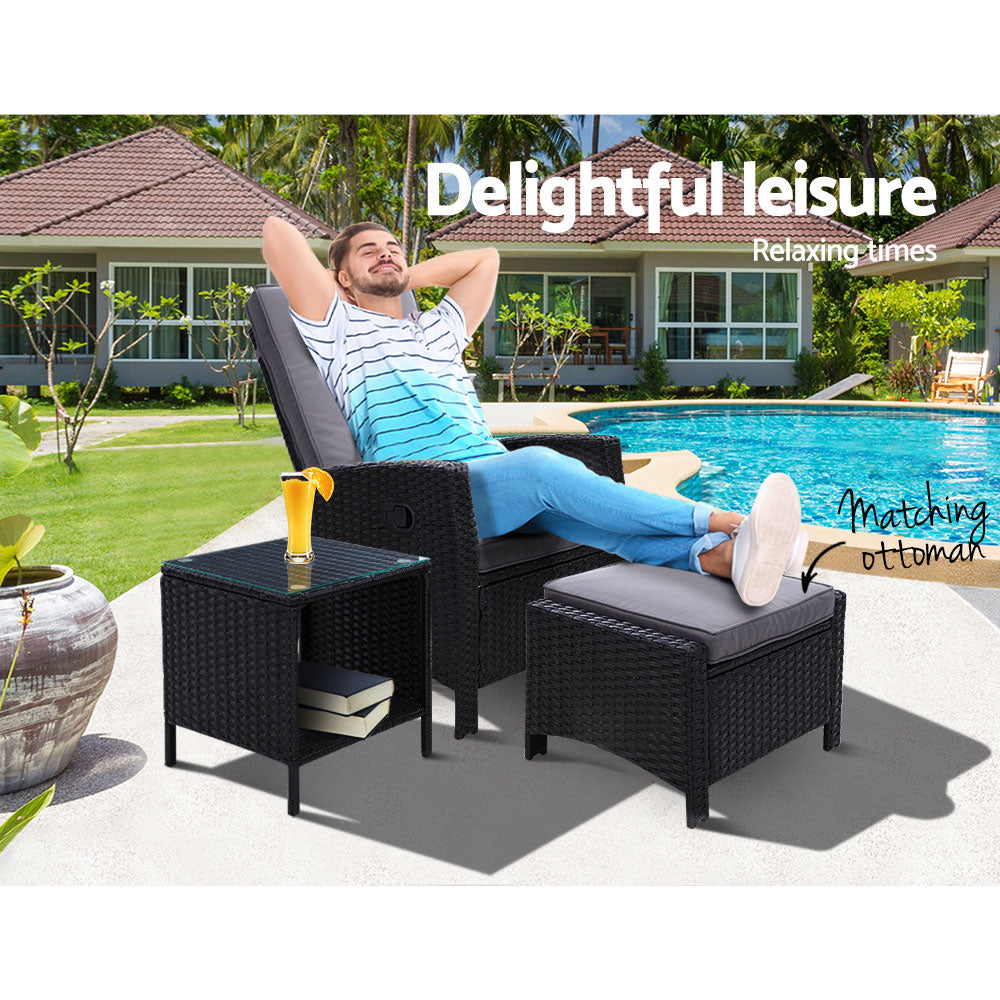 Marlook 3PC Recliner Chairs Table Sun lounge Wicker Outdoor Furniture Adjustable Black