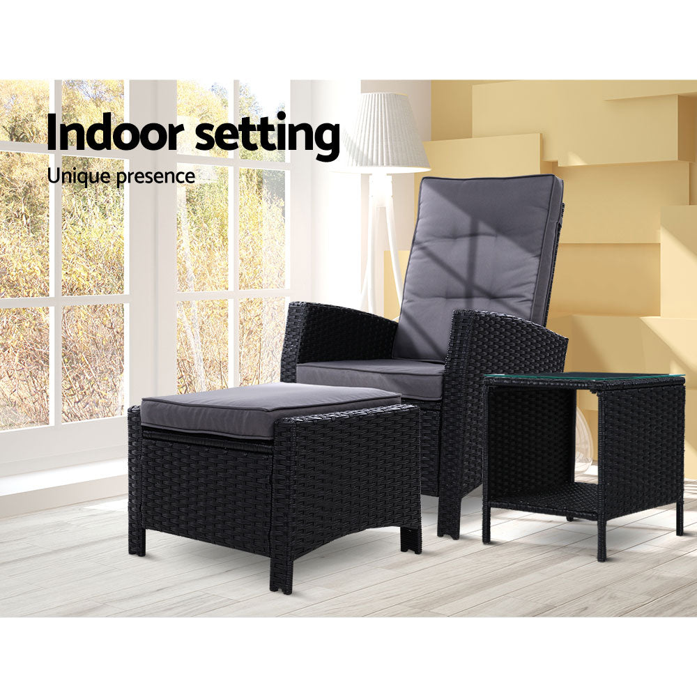 Marlook 3PC Recliner Chairs Table Sun lounge Wicker Outdoor Furniture Adjustable Black