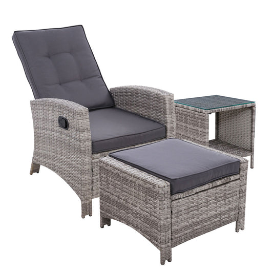 Marlook 3PC Recliner Chairs Table Sun lounge Wicker Outdoor Furniture Adjustable Grey