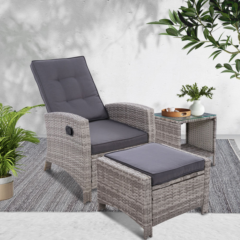 Marlook 3PC Recliner Chairs Table Sun lounge Wicker Outdoor Furniture Adjustable Grey