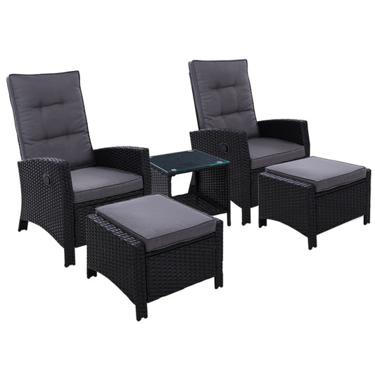Marlook 5PC Recliner Chairs Table Sun lounge Wicker Outdoor Furniture Adjustable Black
