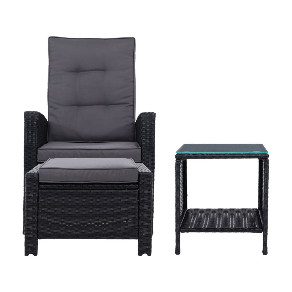Marlook 5PC Recliner Chairs Table Sun lounge Wicker Outdoor Furniture Adjustable Black