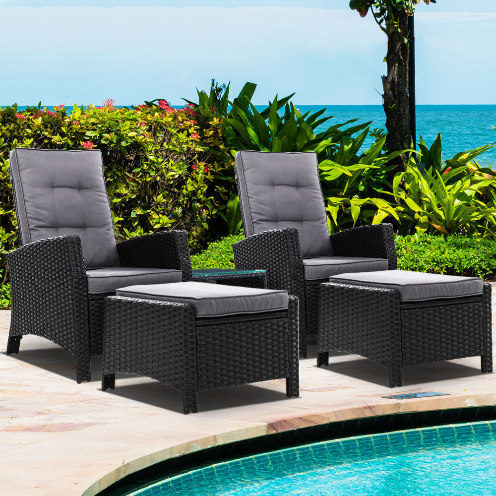 Marlook 5PC Recliner Chairs Table Sun lounge Wicker Outdoor Furniture Adjustable Black
