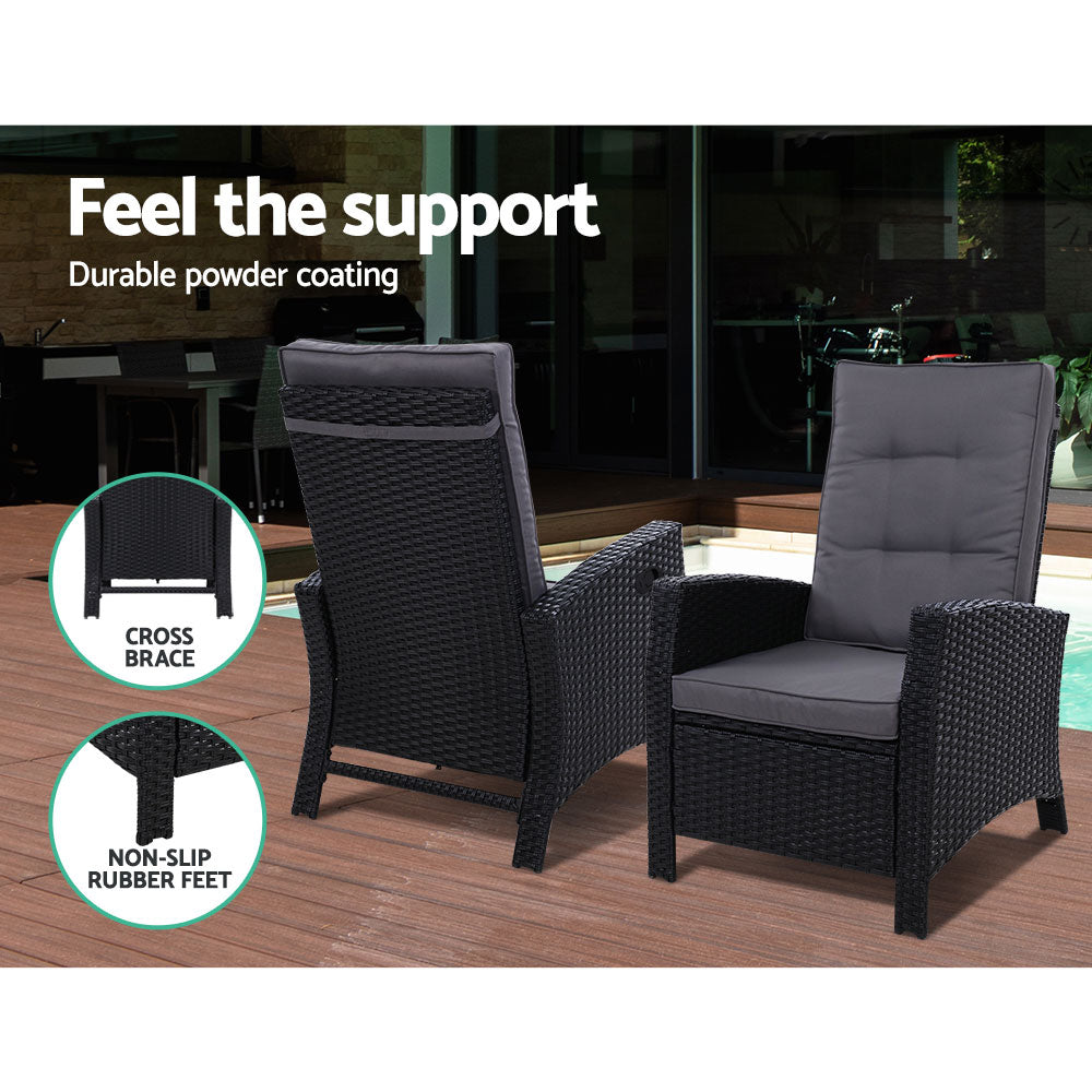 Marlook 5PC Recliner Chairs Table Sun lounge Wicker Outdoor Furniture Adjustable Black