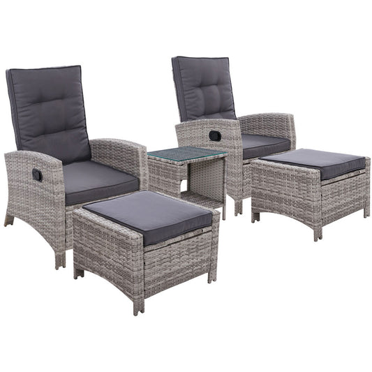 Marlook 5PC Recliner Chairs Table Sun lounge Wicker Outdoor Furniture Adjustable Grey