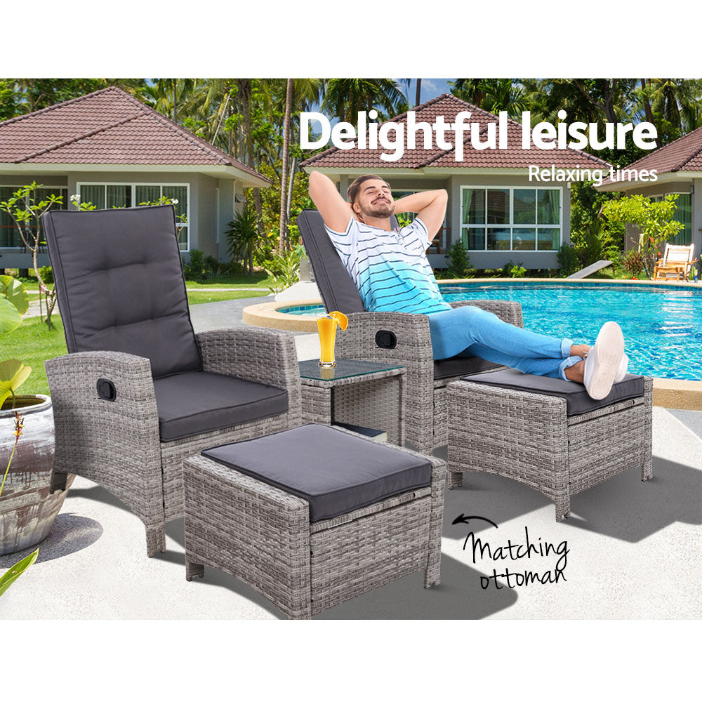 Marlook 5PC Recliner Chairs Table Sun lounge Wicker Outdoor Furniture Adjustable Grey