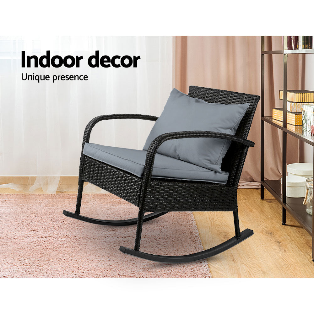 Marlook Outdoor Furniture Rocking Chair Wicker Garden Patio Lounge Setting Black