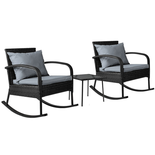 Marlook 3PC Rocking Chair Table Wicker Outdoor Furniture Patio Bistro Set Black