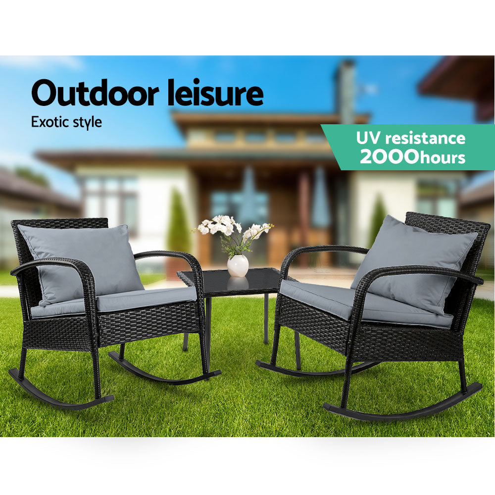 Marlook 3PC Rocking Chair Table Wicker Outdoor Furniture Patio Bistro Set Black