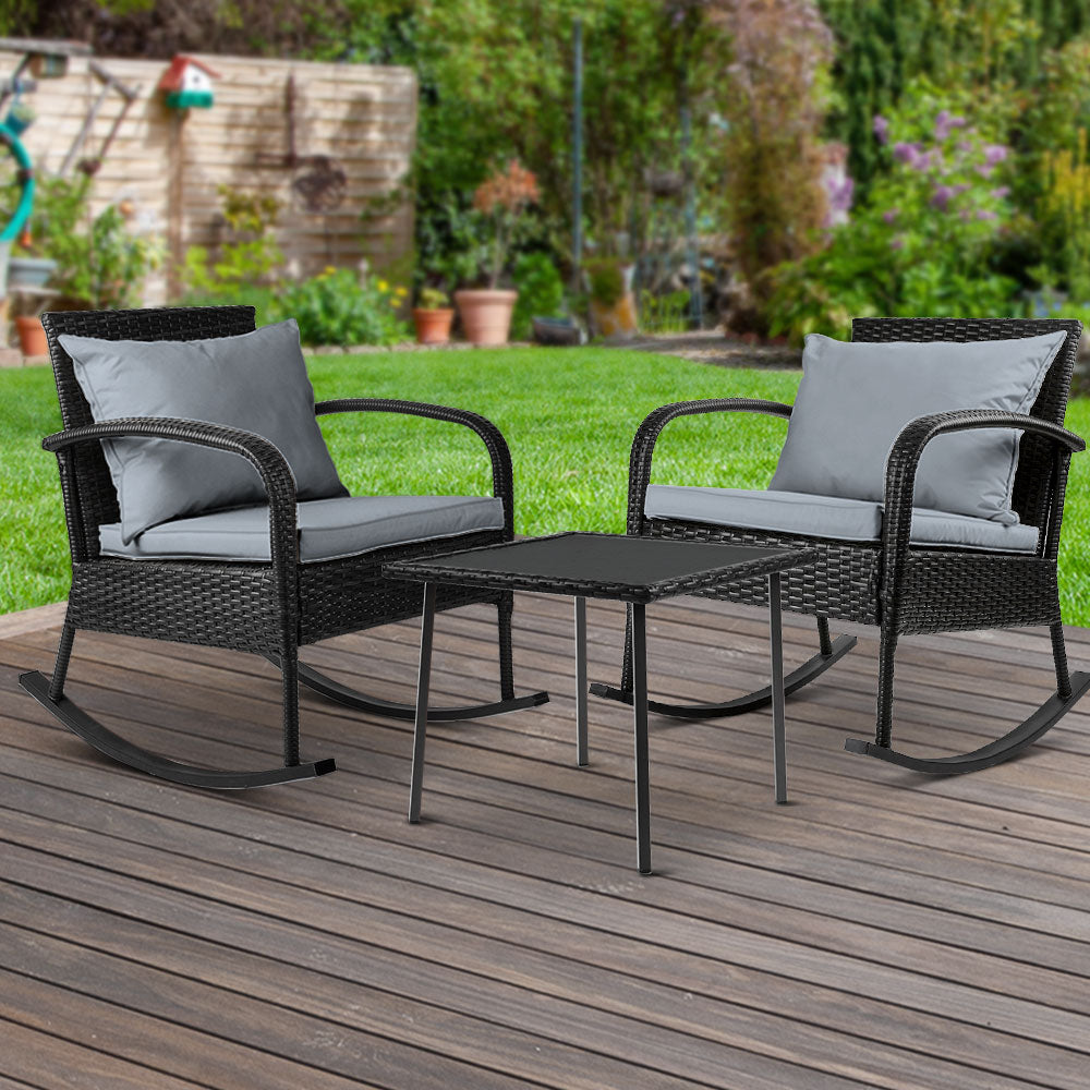 Marlook 3PC Rocking Chair Table Wicker Outdoor Furniture Patio Bistro Set Black