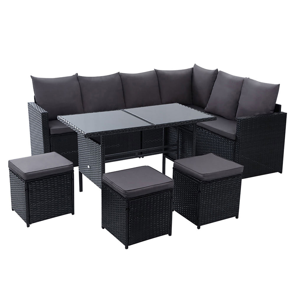 Marlook Outdoor Furniture Dining Setting Sofa Set Lounge Wicker 9 Seater Black