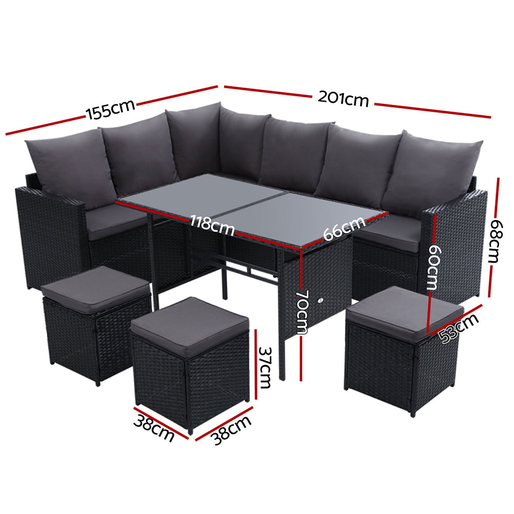 Marlook Outdoor Furniture Dining Setting Sofa Set Lounge Wicker 9 Seater Black